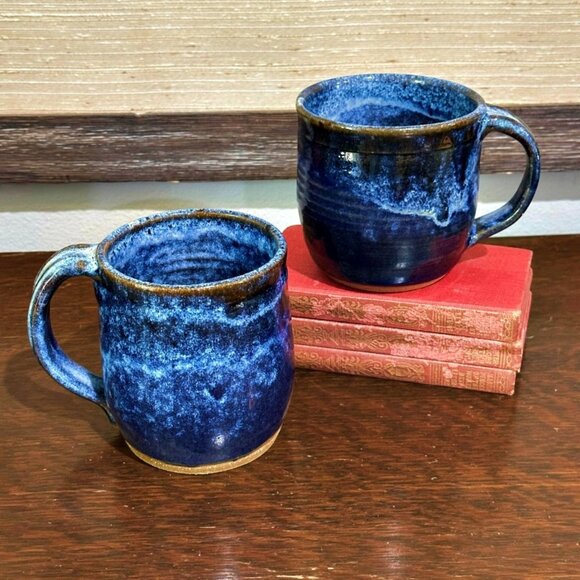 Hand Thrown Studio Art Pottery Blue Glazed Coffee Mugs Soup Cups Signed Set of 2 - Picture 1 of 7